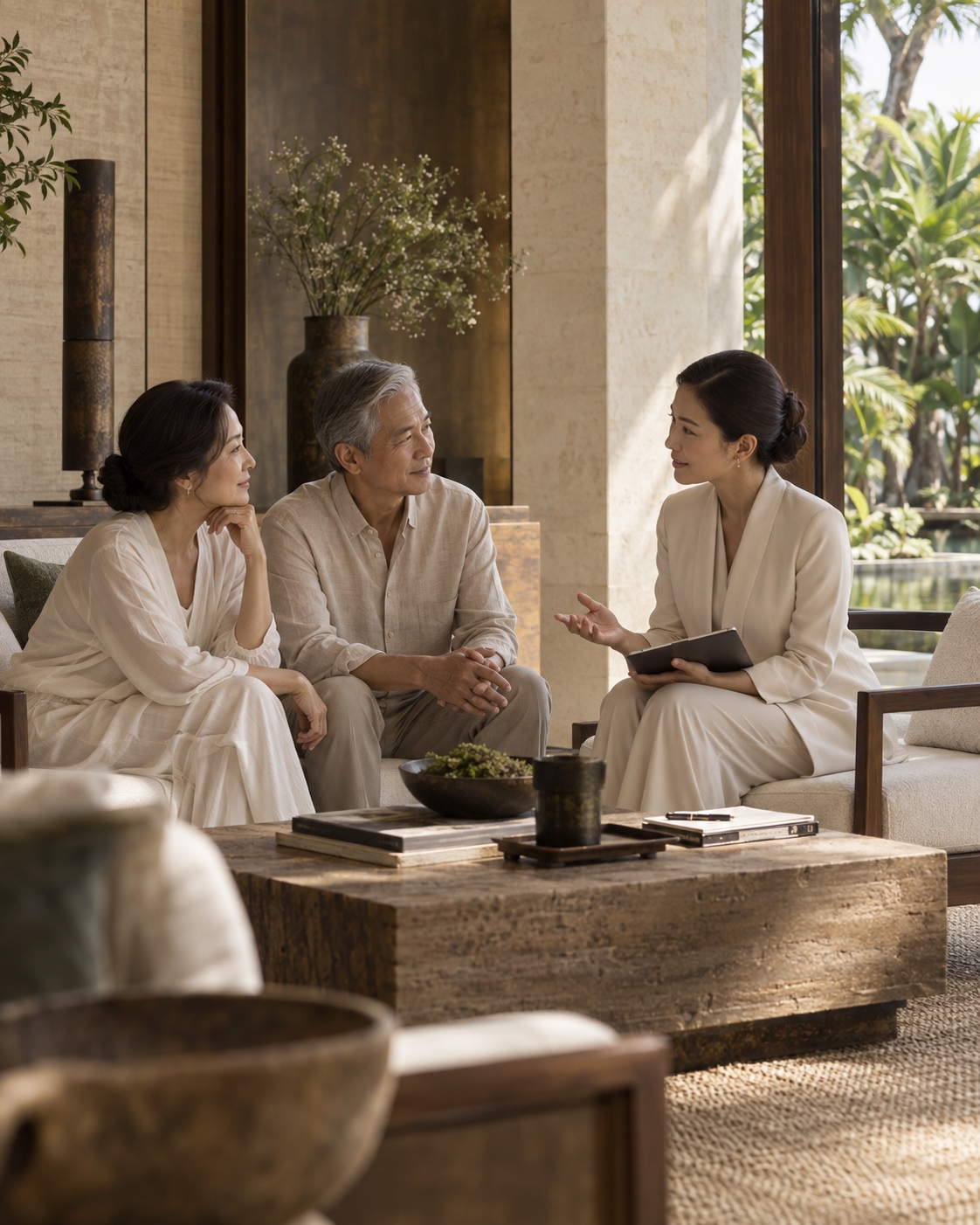A private wellness concierge listening to a couple in a calm sanctuary lounge