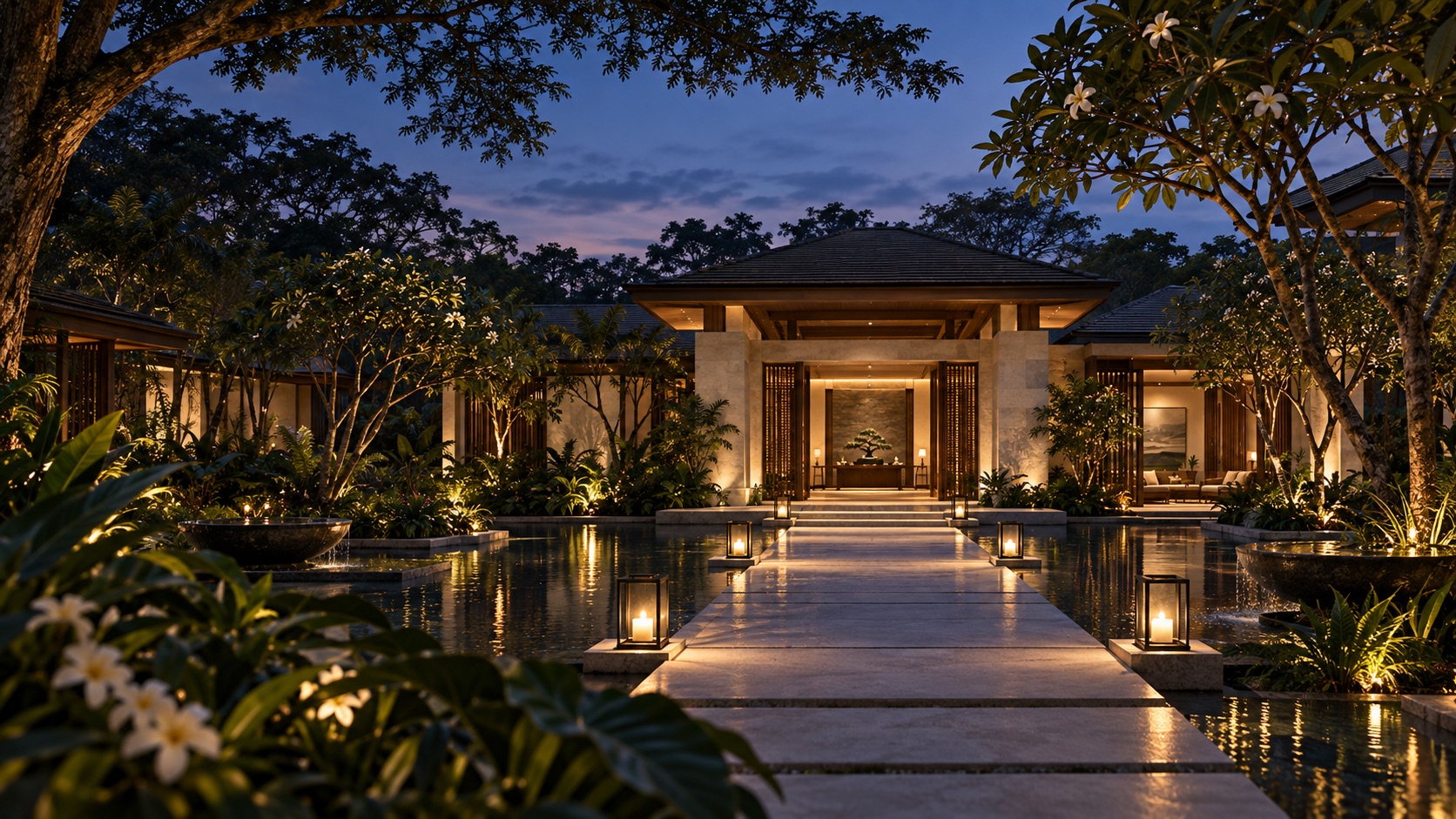 Twilight arrival at a tropical limestone sanctuary beside still water